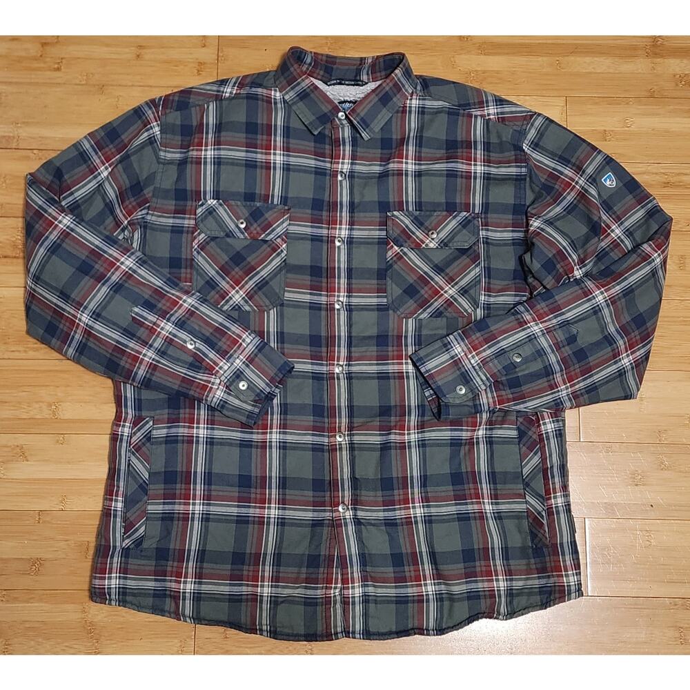 KUHL Joyrydr Sherpa Lined Shirt Jacket Mens Size XL Gray Red Plaid Flannel Snap